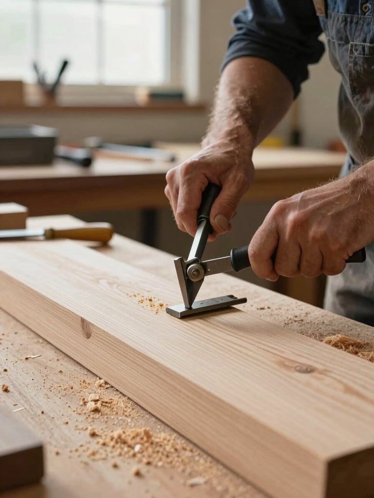 Close-up of a craftsman's hands using a marking gauge on a thick plank of white oak in a workshop, sawdust on the surface, natural sidelight from a high window, tools visible in soft focus behind