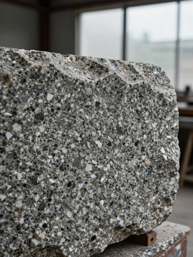 Close-up portrait of rough-cut granite surface, deep in a workshop setting — chisel marks visible across the face of the stone, shallow depth of field, diffuse overcast daylight entering from a high side window, no people, texture dominant in the foreground