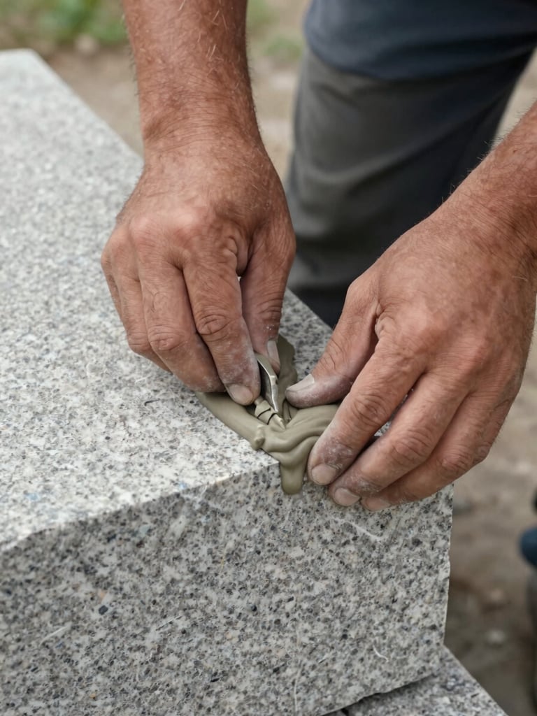 Close-up of a stonemason's hands setting a dressed granite block into a civic installation, mortar visible at the joint, photographed in flat daylight showing stone grain and tool marks, landscape context visible at the edge of frame
