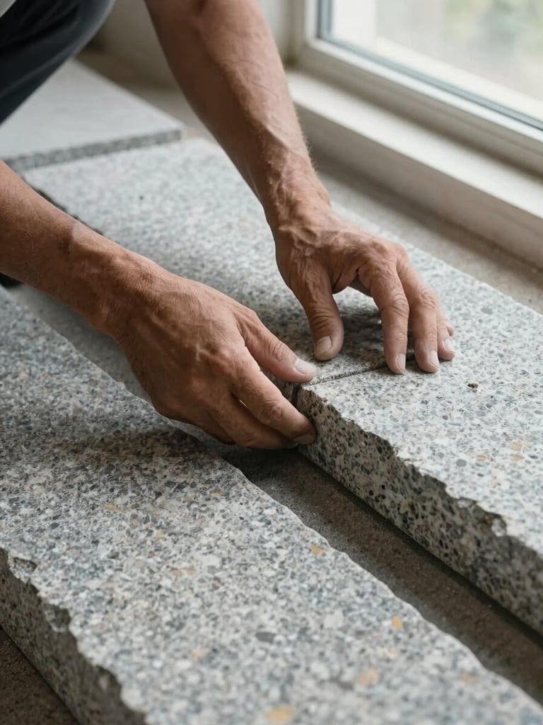 Close overhead view of a stone mason's hands aligning a granite section on a dry-laid course, natural diffuse workshop light from a high window, rough-cut stone face visible in the foreground, no tools posed — hands mid-work