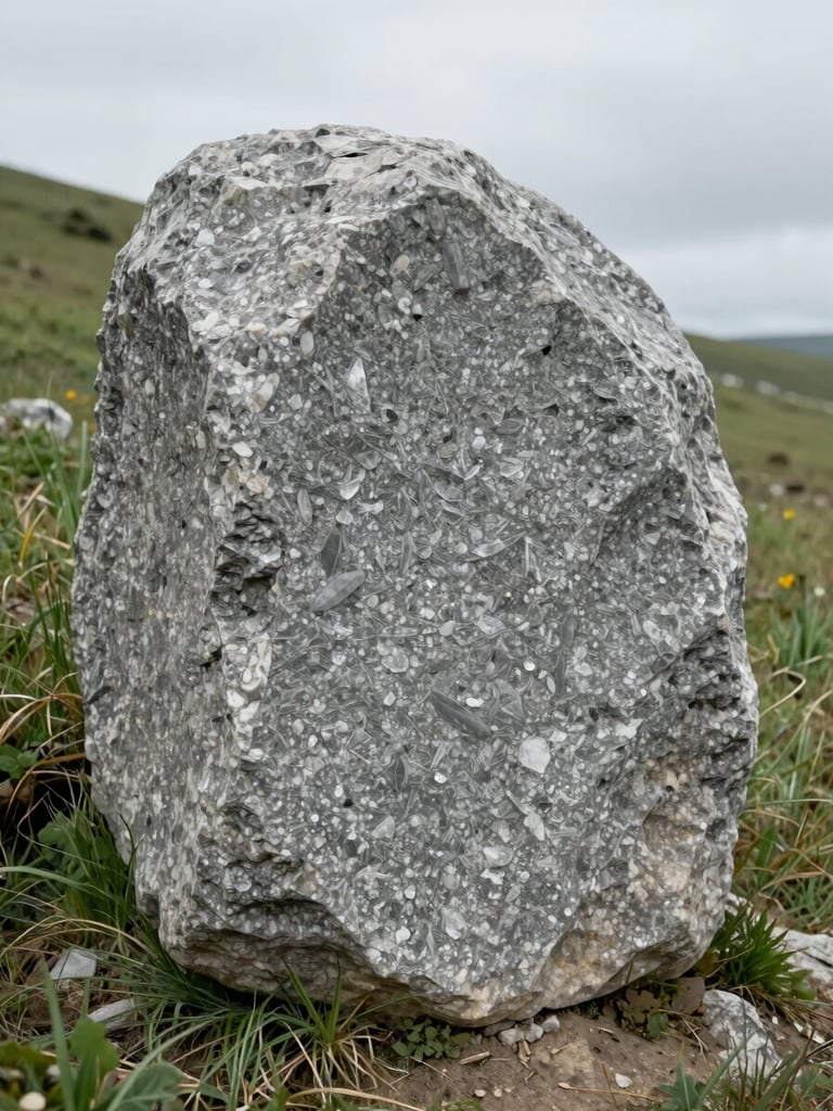 Close environmental portrait of a rough-hewn travertine block set into a sloped meadow site, overcast diffuse daylight, camera close enough to show the crystalline grain and tool marks on the stone face, surrounding grasses and soil visible at the edges, no people, no signage