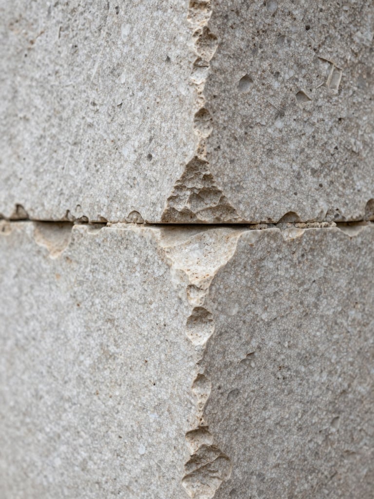 Extreme close detail of a travertine stone surface showing hand-carved joinery lines and weathered patina, photographed under soft overcast light, no people, no tools, tight framing on the stone face revealing mineral grain and surface texture built up over years outdoors