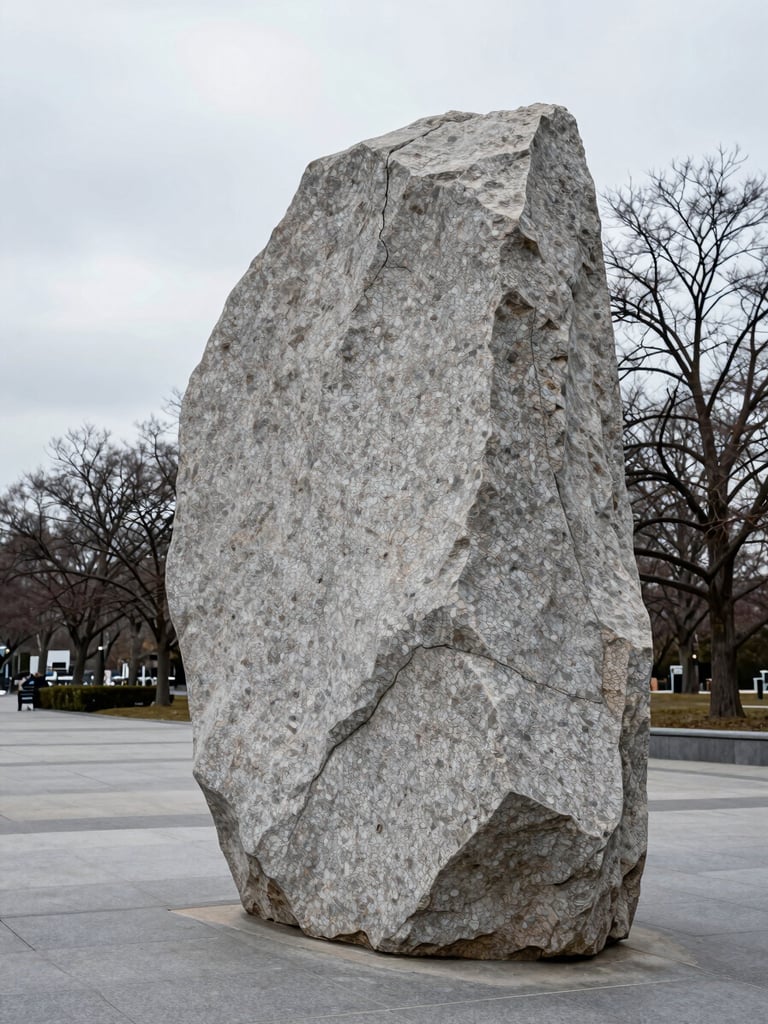Wide environmental view of a large granite monolith installed in a civic plaza, photographed under flat overcast winter light — stone surface reads every grain and joint line, bare deciduous trees at the far edge of the frame, empty pavement stretching to the left third, no people, no sky drama
