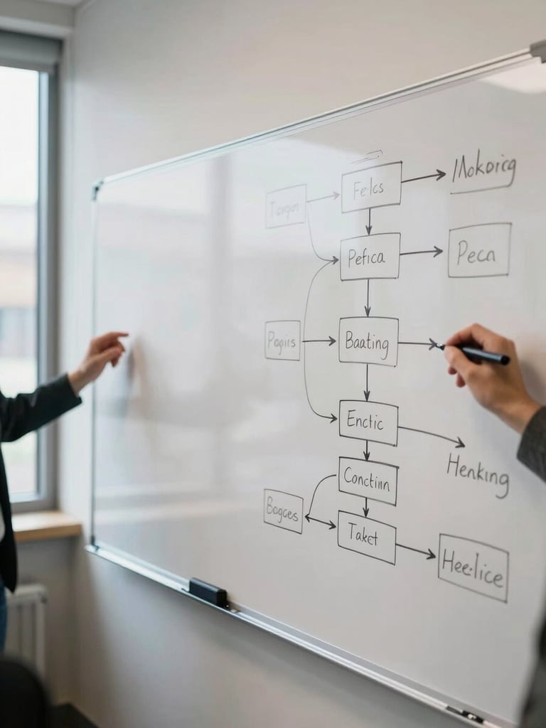 Wide-angle documentary view of a consulting working session, whiteboard filled with hand-drawn org charts and annotation arrows to the right side of frame, natural window light from the left, two sets of hands visible near markers, generous empty space on the left third of the frame