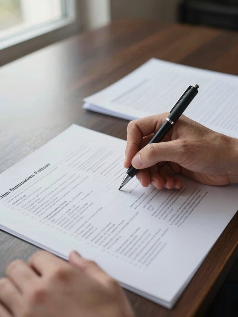 Close-up documentary shot, hands annotating a printed strategy document on a conference table, pen mid-stroke over margin notes, natural window light from the left, papers slightly overlapping, no faces visible