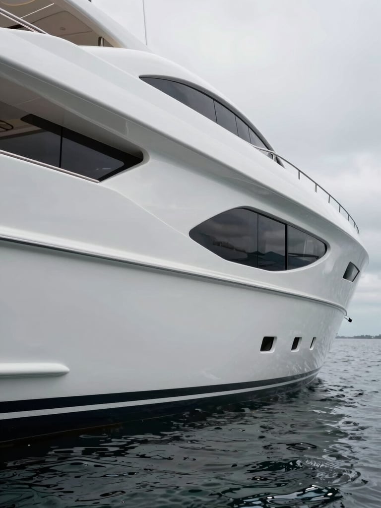 Wide environmental shot, close-up of a luxury yacht hull in overcast diffused daylight — smooth gelcoat surface curving into the waterline, tight framing on the geometric sweep of the bow, no people, no sky, material texture visible