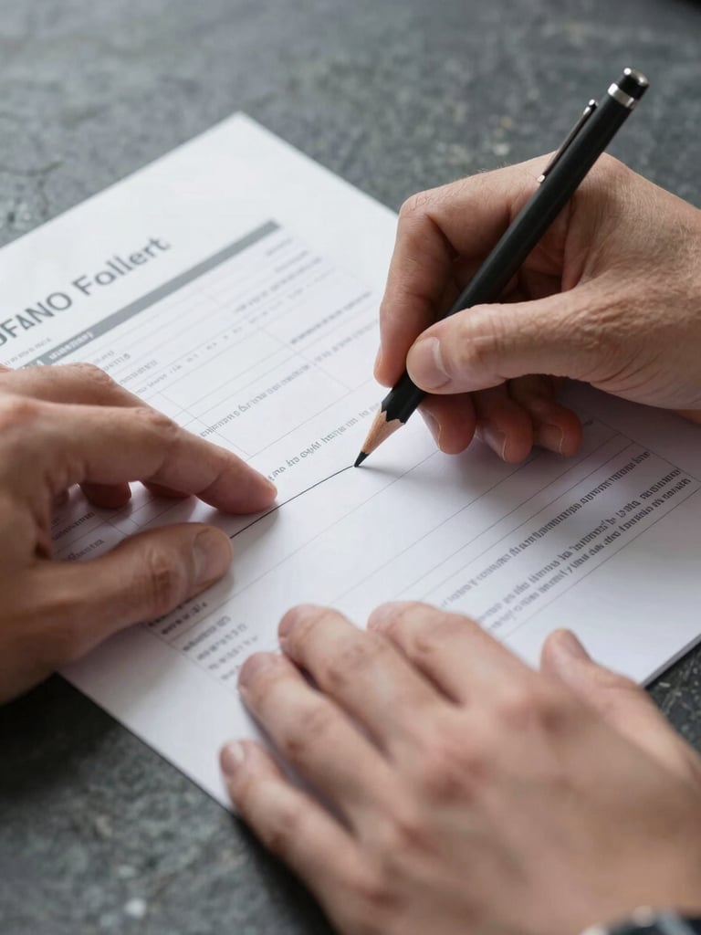 Close-up of two hands reviewing a printed financial document on a dark stone surface, a mechanical pencil marking a line, overcast studio light, tight framing with no background distractions