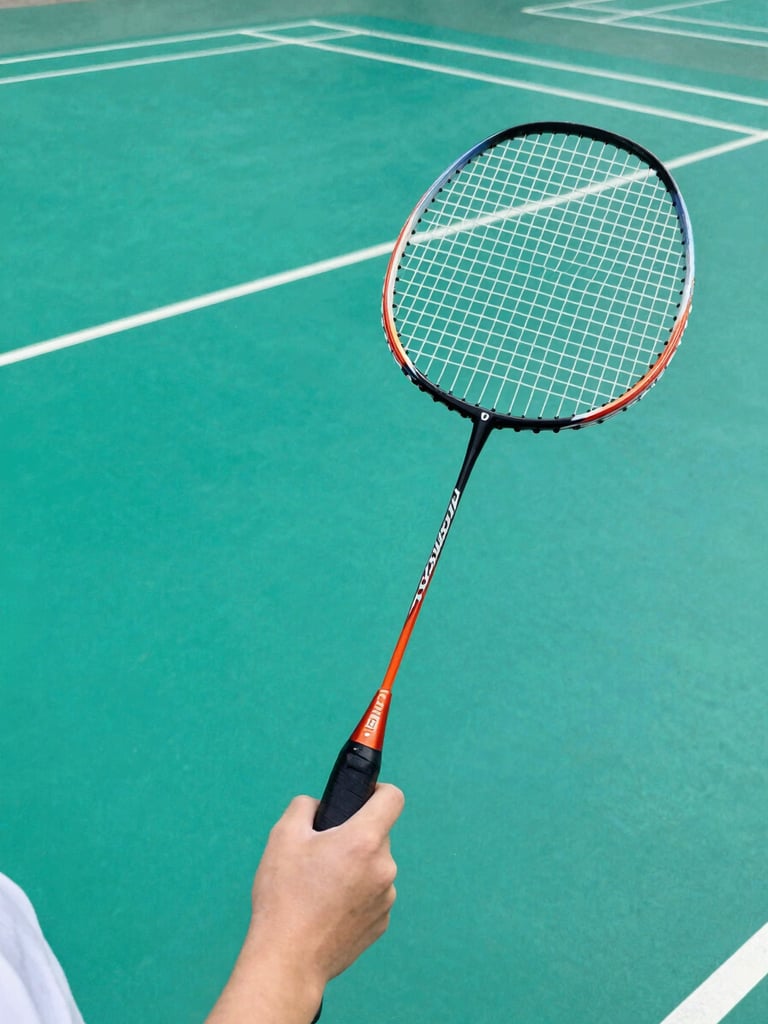 Candid daylight shot of a young girl's hands holding a badminton racket, details of the grip, with bright teal court surface in the background.