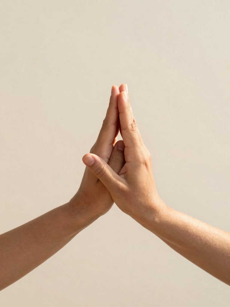 Close-up of hands forming a classical Kathak mudra gesture, warm lighting, soft cream background, focus on delicate hand positioning.