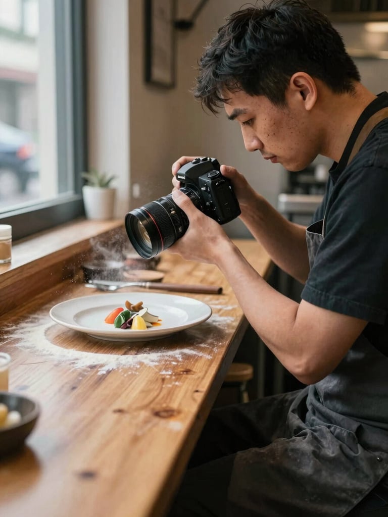 Close-up of agency photographer kneeling beside a wooden prep counter in a small restaurant kitchen, camera raised toward a plate being finished by a chef's hands, soft window light from the left, flour dust visible in the air, documentary-style framing