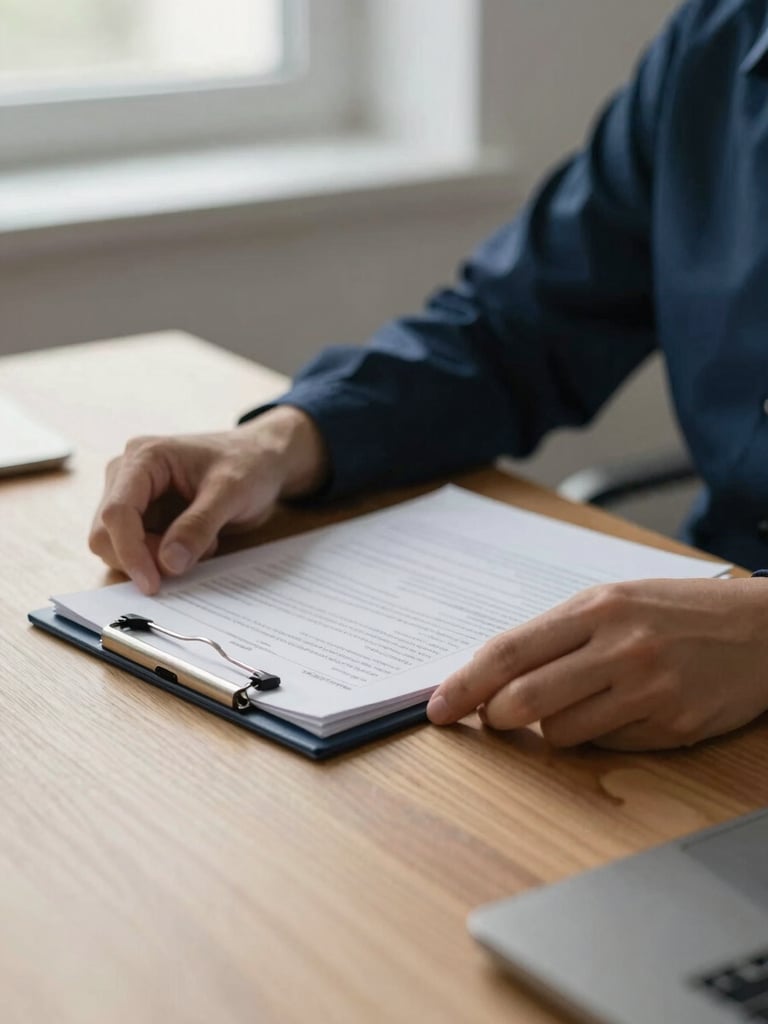 Close-up of hands holding a clinical assessment file on a neat wooden desk, soft natural light from a window, professional diagnostic environment, muted navy tones