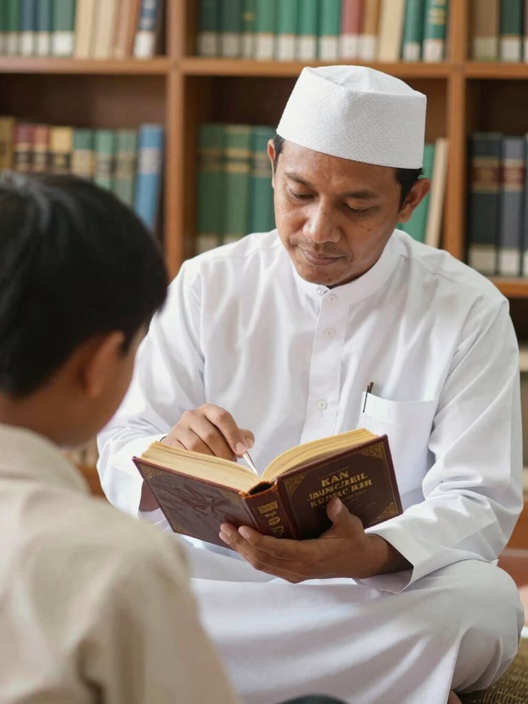 A close-up of an Indonesian Islamic teacher in traditional white attire guiding a student reading a classical leather-bound book (kitab kuning) in a warm, sunlit wooden library