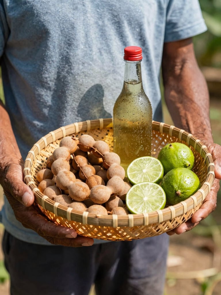 A portrait shot of a local Myanmar farmer's hands holding a woven bamboo basket filled with freshly harvested tamarind pods and sliced limes, bright tropical afternoon sunlight casting sharp shadows.