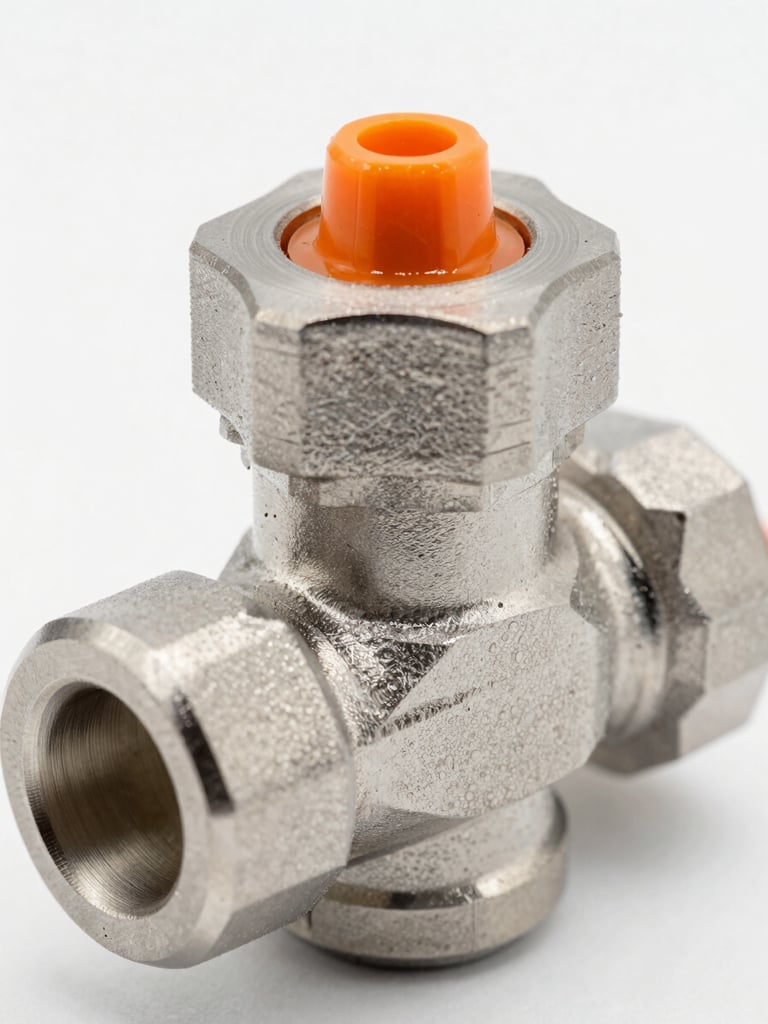 Close-up macro shot of CNC machined stainless steel valve body, clean metallic reflections, precise industrial engineering