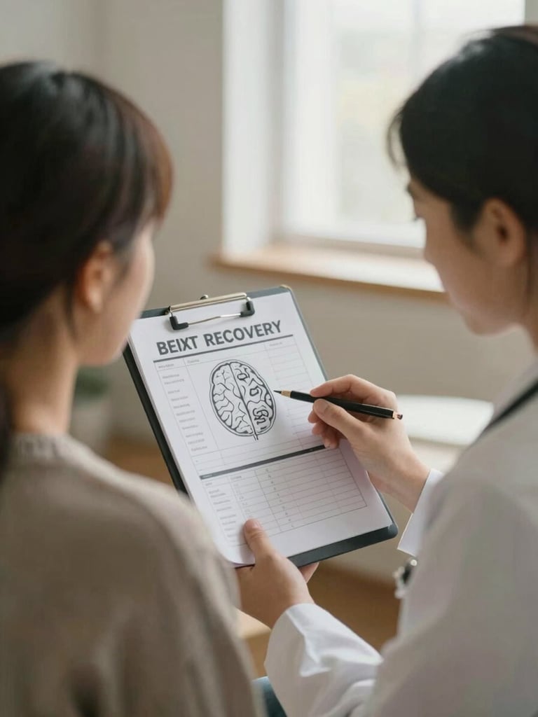 A supportive healthcare clinician gently explaining a brain recovery chart to a patient, soft indirect light, warm muted tones, shallow depth of field