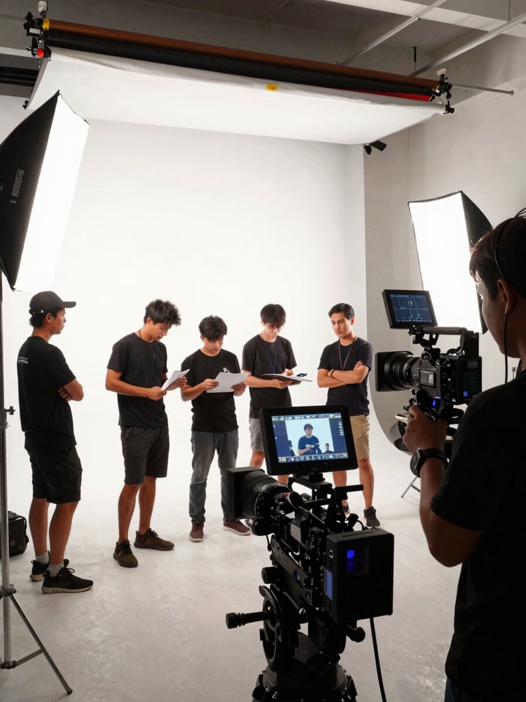 Close environmental wide shot of a Thai film crew staging a commercial shoot in a Bangkok studio, monitors and camera rigs in the foreground, crew members checking scripts and camera angles, bright studio strobes illuminating the set, documentary framing with operational detail