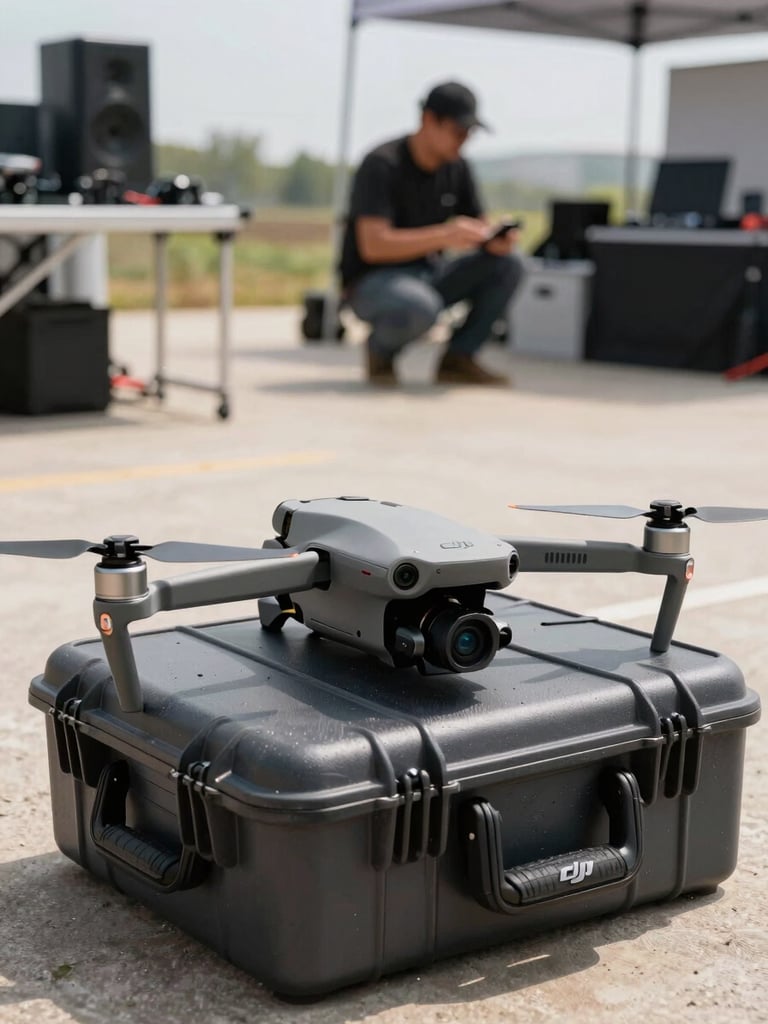 DJI cinema drone on a hard case in an outdoor staging area, propeller arms folded, gimbal mount visible, bright midday daylight, production crew member adjusting settings in background, wide environmental framing