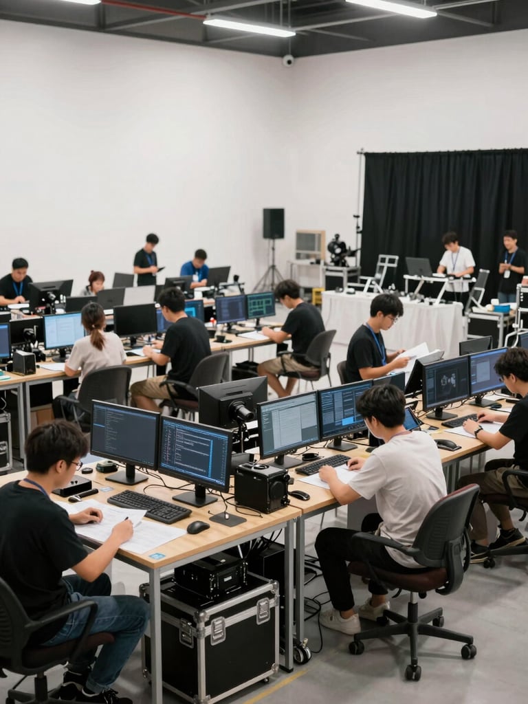 Wide environmental shot of a professional film production staging area, equipment cases and monitors arranged on tables, crew members reviewing documents under bright studio lighting, shot from a slight elevation showing operational scale