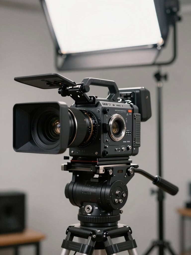 Close-up of a cinema camera body on a tripod head, lens mount visible, matte box attached, bright even studio strobe light from above, equipment staging area background, no people