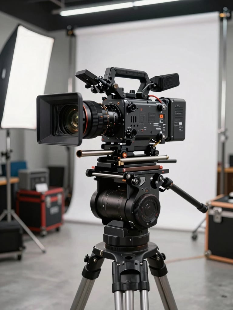 Close environmental shot of professional cinema camera on a heavy-duty rig inside a Thai rental house staging area, bright studio strobe lighting revealing equipment detail, cables and cases organized in the background, wide enough to show operational scale