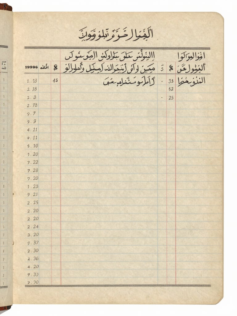A flat-lay archival scan of a 1999 financial ledger page, handwritten Arabic script and numerical columns on aged, yellowed paper, natural unedited daylight, low-contrast historical film.
