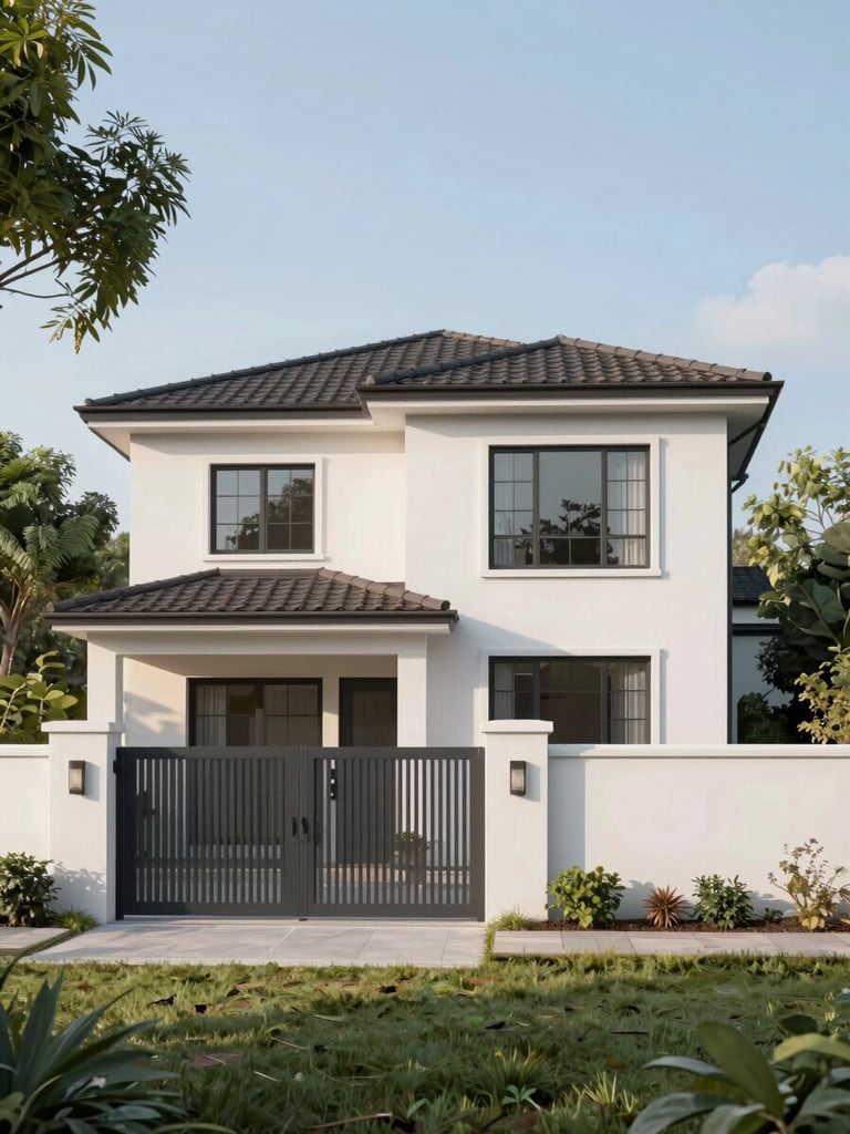 Wide environmental shot of a two-storey residential house exterior, full facade visible, photographed from the front yard in soft morning daylight — clean render of white-painted walls, tiled roof, mature trees framing the left edge, front gate slightly ajar, no people, no staging