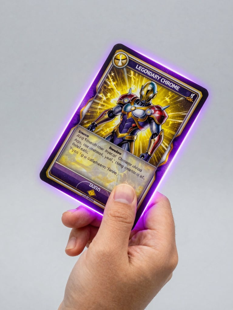 Dynamic close-up of a child's hand holding a holographic Legendary Chrome card with electric yellow and deep purple rim lighting, showing physical card texture and 3:4 ratio.