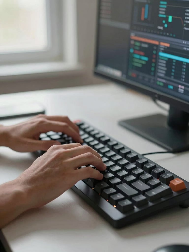 Tight crop of hands typing on a mechanical keyboard on a clean desk, a secondary monitor displaying a dashboard in the background, natural window light from the left, sharp focus on the fingers and keys, muted workspace tones