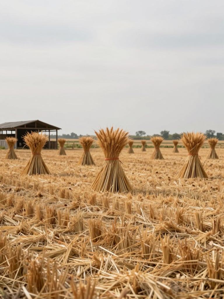 Wide contextual shot of harvested grain crops bundled in a flat field under overcast midday light, a wooden farm structure visible in the far left background, no people, documentary crop framing from medium distance, muted factual tones