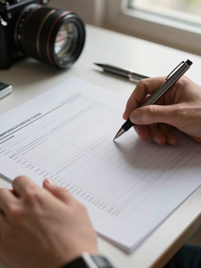 Close-up of hands on a printed project timeline document on a desk under north-facing window light, a pen resting beside the paper, details of milestone rows visible