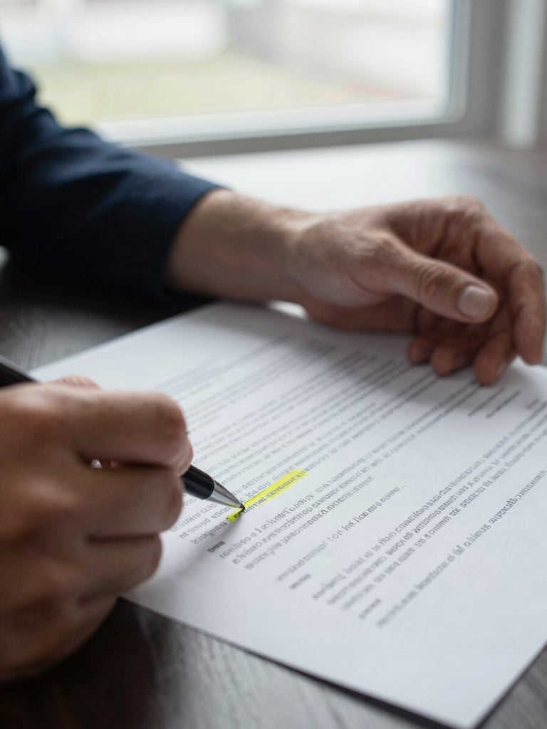 Close detail shot of hands reviewing a printed project contract on a desk, a pen resting beside highlighted clauses, overcast north-facing window light, factual and specific