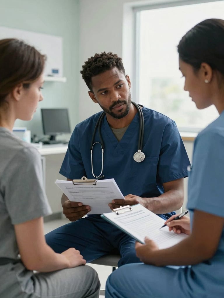 A professional medical consultation room with bright, natural daylight, showing a diverse practitioner reviewing clinical charts with a patient in a modern, collaborative environment.