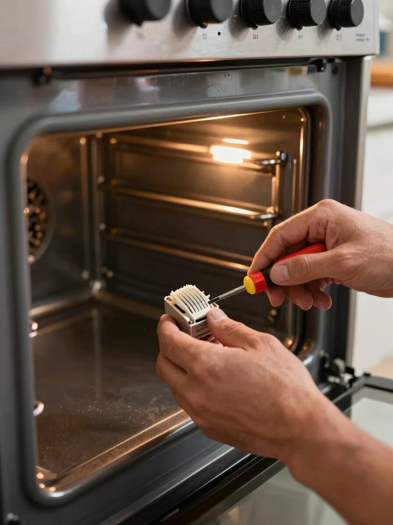 Close-up of a Haceb oven interior mid-repair, technician's hands removing the thermostat housing with a screwdriver, warm tungsten work light illuminating the metal walls, oven door open, real Bogotá kitchen visible in background blur
