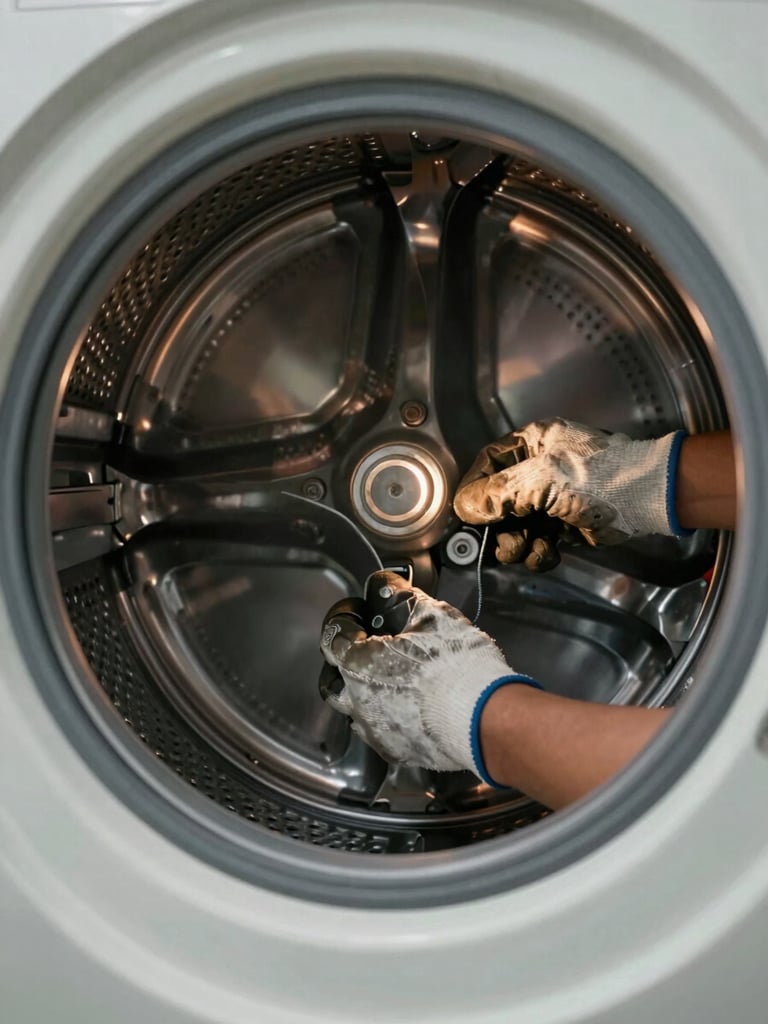 Close-up interior view of a Haceb washing machine drum mid-repair, a technician's gloved hands adjusting the motor mount, warm tungsten work light illuminating the metal components, real Bogotá laundry room visible in the background, tight documentary framing