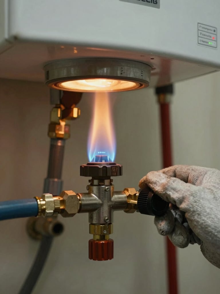 Close-up of a Haceb water heater pilot flame burning blue-orange inside the burner chamber, warm tungsten work light illuminating the metal components, technician's gloved hand adjusting the gas valve knob, real Bogotá utility room background slightly out of focus