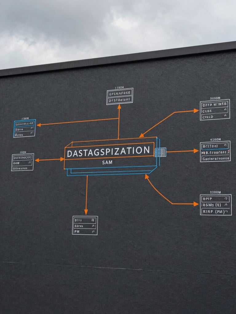 Blueprint-style technical diagram of a database synchronization schema, high-contrast slate background with sharp orange and blue vector lines, clean monospaced labels.