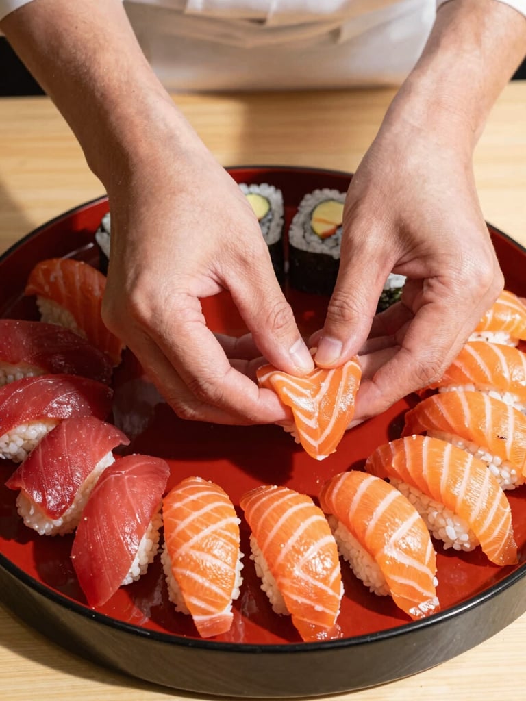 Overhead flat-lay of a premium Japanese sushi platter being prepared, chef hands placing fresh salmon nigiri, bright natural daylight, rich red accents
