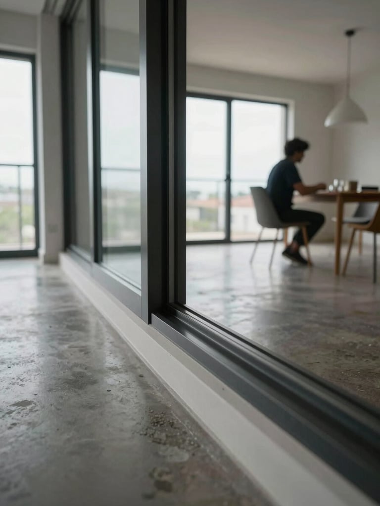 Close-up medium shot of a finished apartment interior, natural midday light entering through floor-to-ceiling windows, polished concrete floor visible, a resident seated at a dining table in the background, sharp material detail on the window frame edge