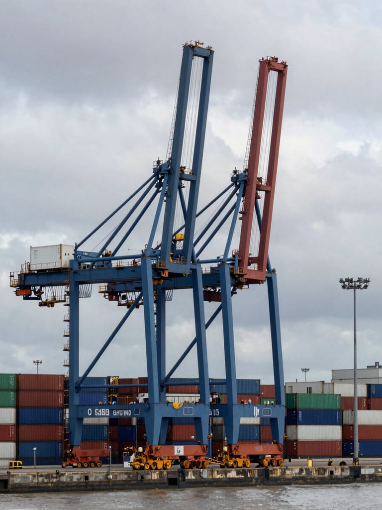 Overcast wide shot of Southampton container port, massive industrial cranes towering over stacked cargo containers, cool natural daylight, high contrast.