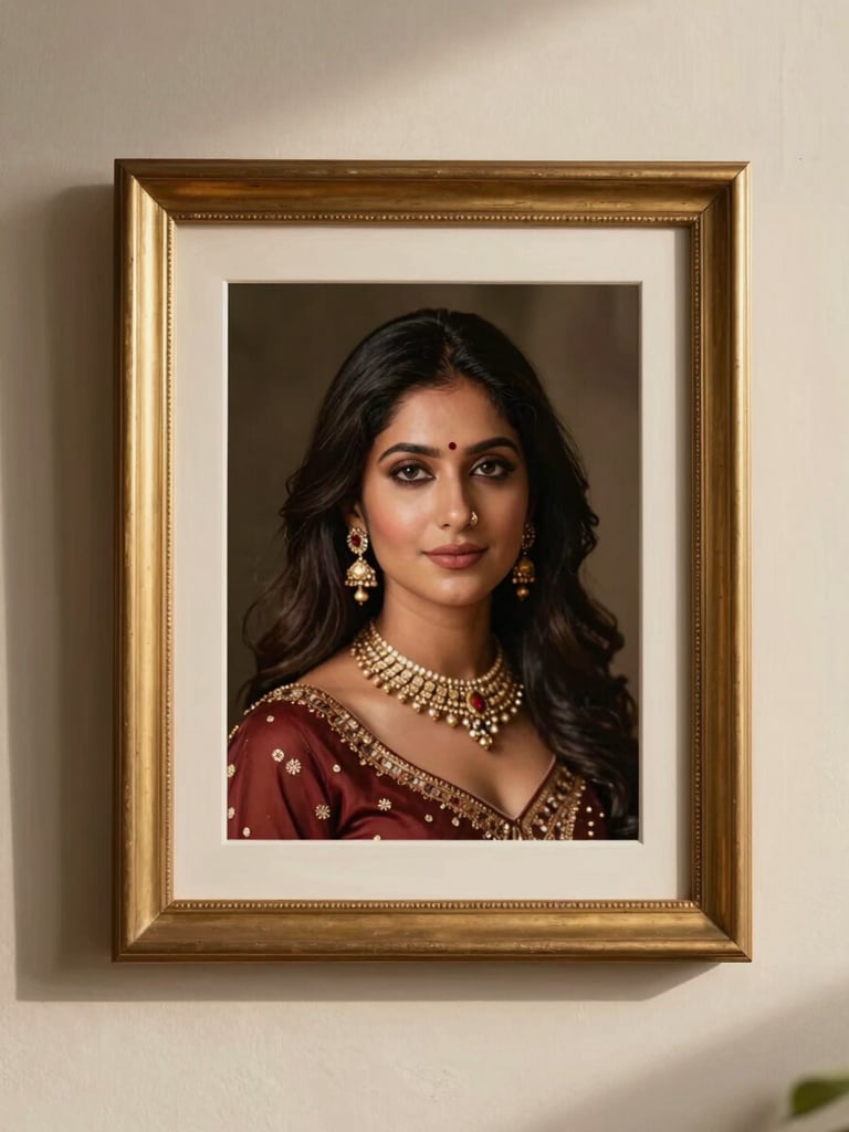 Elegant portrait shot of a finished premium mahar in a gold frame, resting on a clean cream-colored surface with soft shadows.