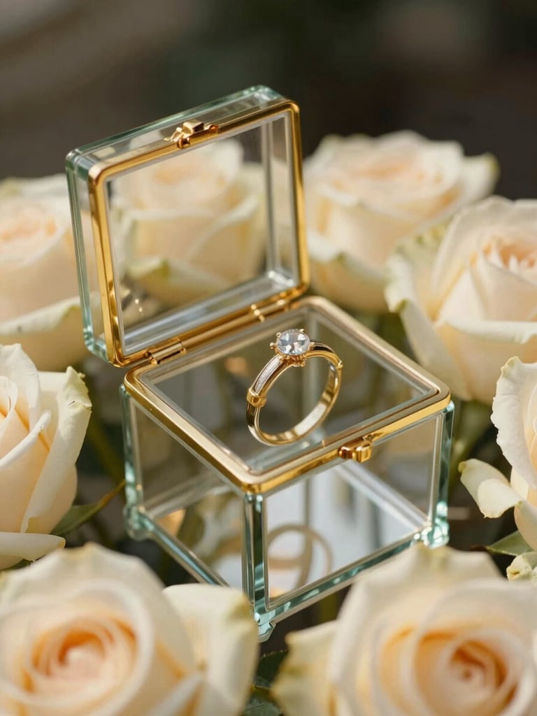 Elegant close-up of a glass ring box with gold hinges, resting on a bed of soft cream roses, warm morning light reflecting on the glass.
