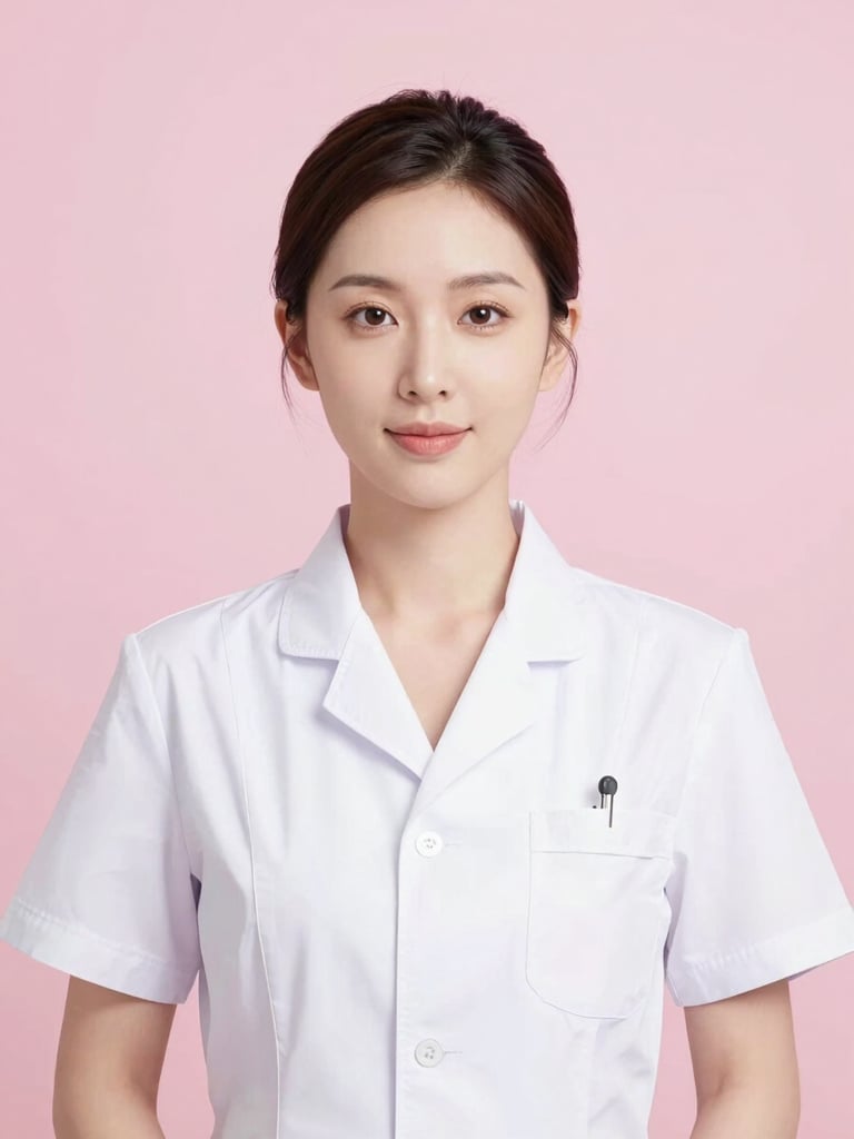 Professional portrait of a female health practitioner in a bright white minimalist studio, soft pink background, warm serene expression, high-key lighting, clean clinical aesthetic