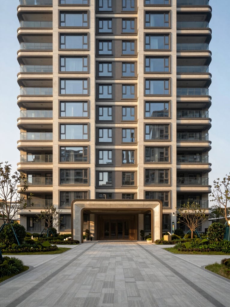 Wide environmental shot of a completed mixed-use development exterior at golden hour, warm daylight raking across the facade, manicured entry forecourt visible in foreground, no people, architectural scale and material quality evident