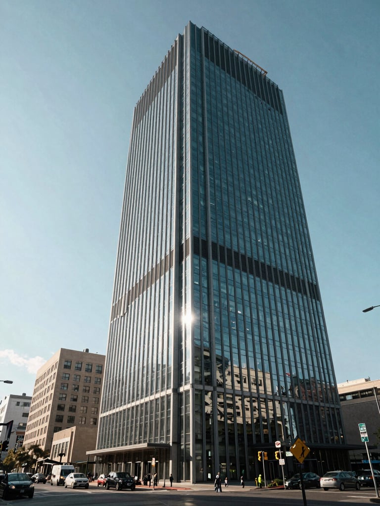 Wide architectural exterior of a completed mid-rise commercial tower, glass facade catching midday daylight, urban streetscape receding to the left, sky clear and pale blue, framed from a low angle to emphasize scale and material precision