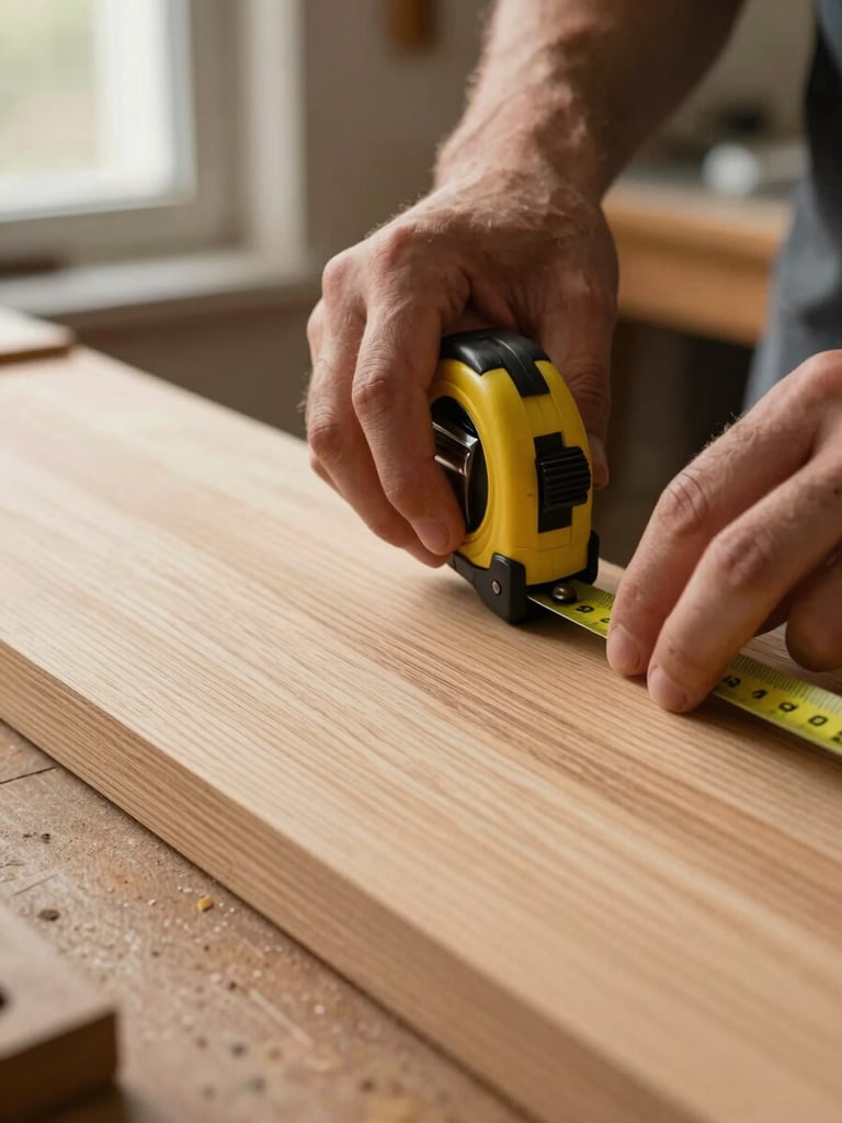 Extreme close-up of a craftsman's hands holding a measuring tape against a raw wooden panel, pencil mark visible on the wood grain, workshop bench edge at the bottom of frame, warm directional window light from the left, oak grain in sharp focus