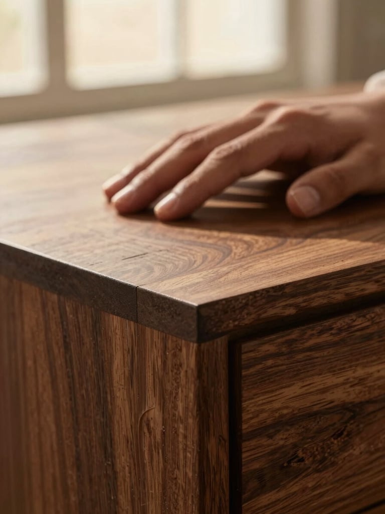 Extreme close-up of solid walnut wood grain under warm golden-hour window light, a hand resting flat on the surface with fingers slightly spread, fingertips touching the grain, the texture of a precisely sanded joint visible in the foreground, dark warm tones, no text