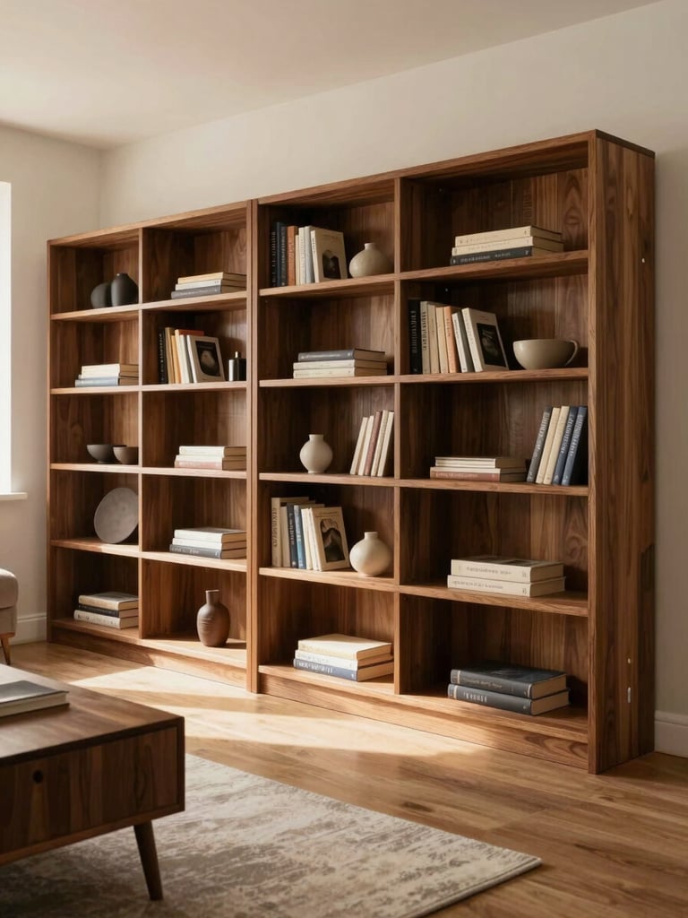Environmental shot of a completed living room, custom walnut shelving unit along the back wall, warm afternoon light entering from the left, books and objects arranged naturally, no people, wide framing