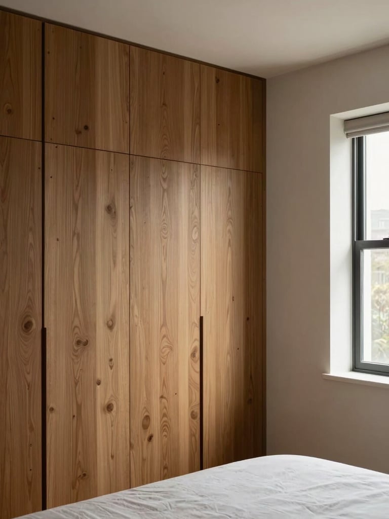 Wide corner of a finished bespoke bedroom, oak-toned wardrobe panel filling the left wall, soft north-facing daylight from a window off-frame right, bed edge visible in lower third, no people, lived-in elegance