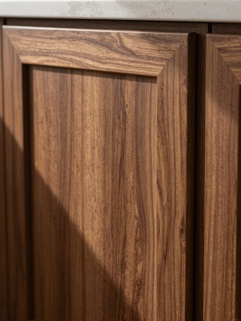 Close-up of precision joinery on a walnut kitchen cabinet door, natural daylight raking across the wood grain, revealing the depth of the finish, no people, extreme detail