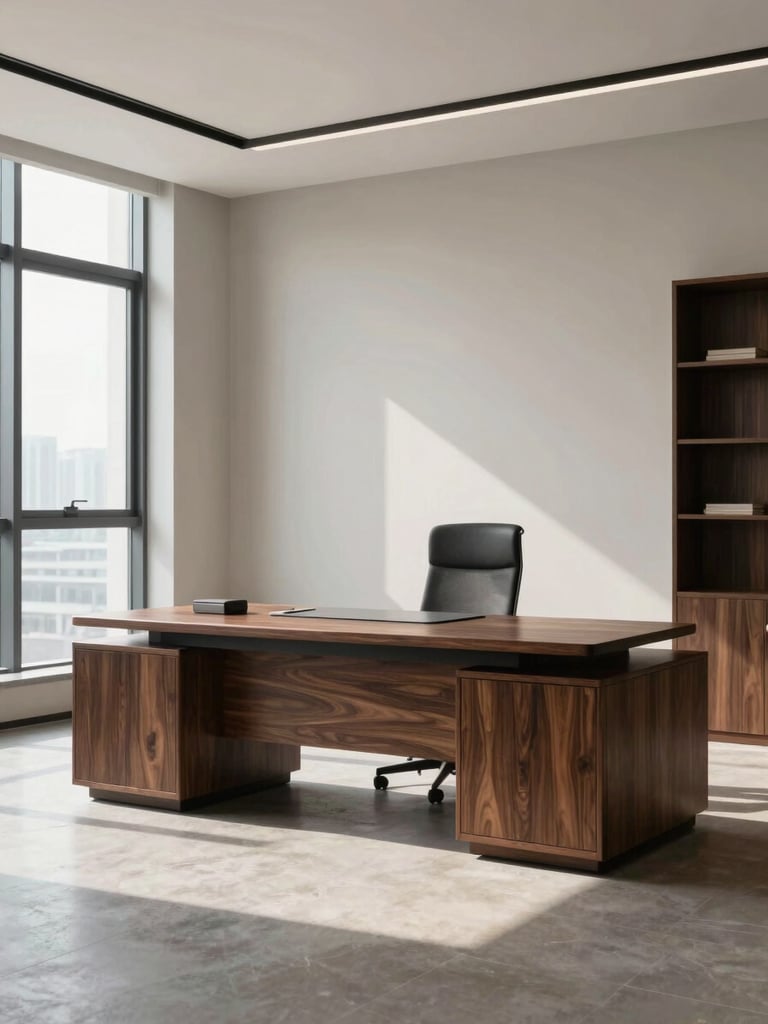 Wide shot of a finished corporate office interior, custom dark-walnut desk and credenza against a neutral wall, natural daylight from windows to the left, no people, clean and precise framing